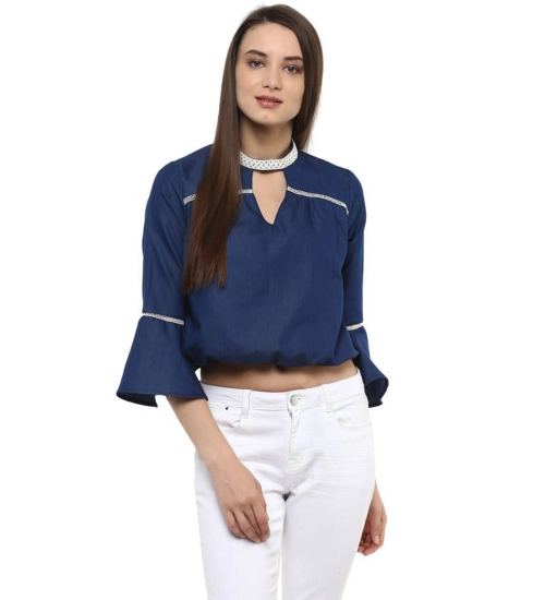 Women's Polyester Solid Bell Sleeve Regular Top (Blue)