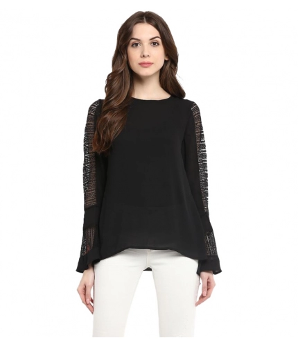Women's Polyester Georgette Self Design Bell Sleeve Regular Top (Black)