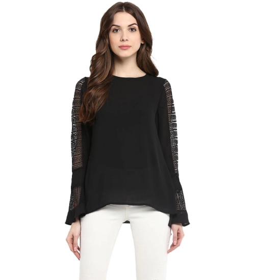 Women's Polyester Georgette Self Design Bell Sleeve Regular Top (Black)