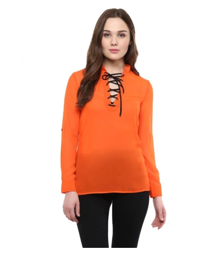 Women's Polyester Solid Long Sleeves Regular Top (Orange)