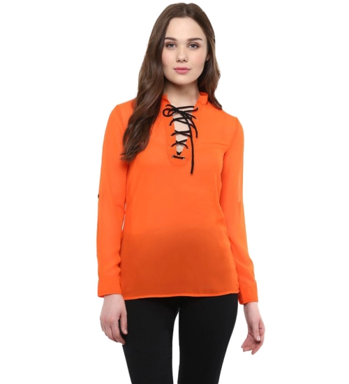Women's Polyester Solid Long Sleeves Regular Top (Orange)