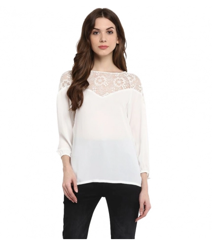 Women's Polyester Georgette Self Design 3-4th Sleeves Regular Top (White)