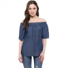 Women's Denim Solid Short Sleeve Regular Top (Blue)