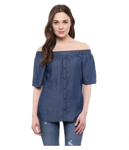 Women's Denim Solid Short Sleeve Regular Top (Blue)