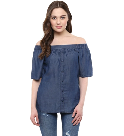 Women's Denim Solid Short Sleeve Regular Top (Blue)