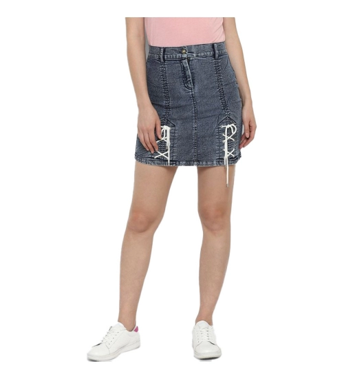 Women's Denim Tie Up Buttoned Skirt (Blue)