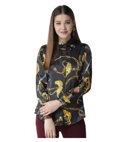 Women's Satin Printed Long Sleeves Standard Length Shirt (Black - Gold)