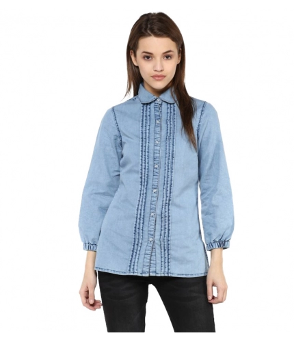 Women's Denim Solid 3-4th Sleeves Standard Length Shirt (Blue)