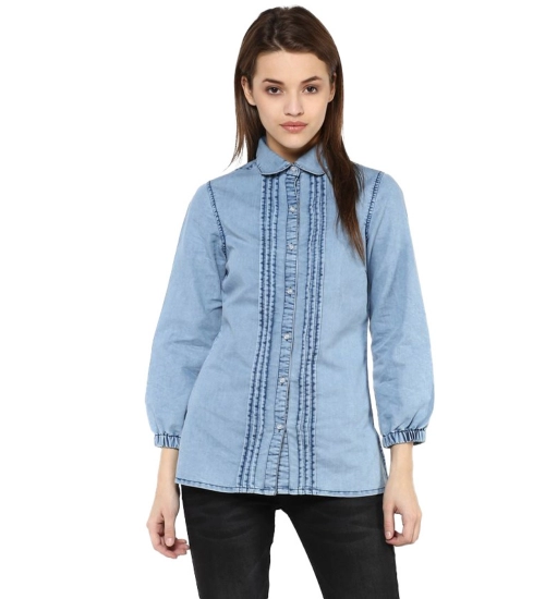 Women's Denim Solid 3-4th Sleeves Standard Length Shirt (Blue)