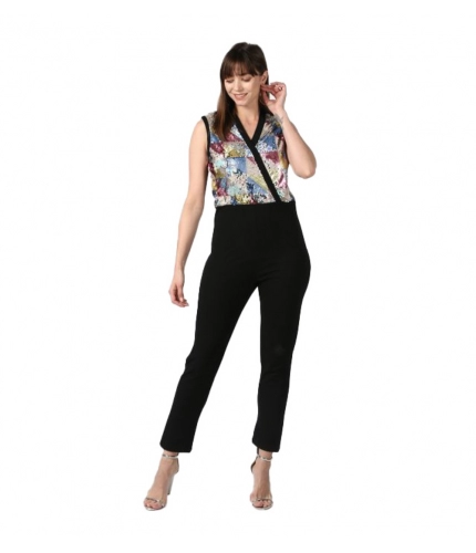 Women's Polyester Embellished Sleeveless Jumpsuit (Black)