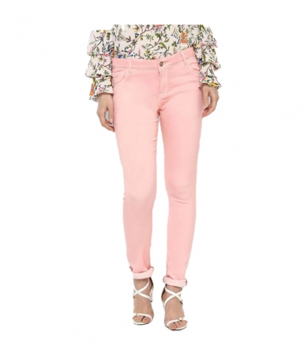 Women's Denim Solid Buttoned Jeans (Pink)