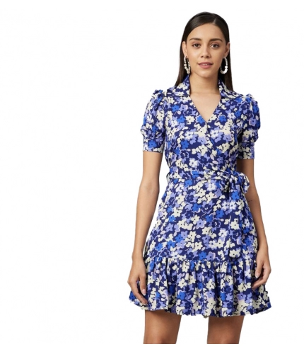 Women's Polyester Floral Short Sleeve Above Knee Dress (Blue - Purple)
