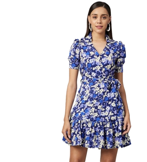 Women's Polyester Floral Short Sleeve Above Knee Dress (Blue - Purple)