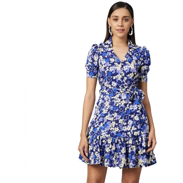 Dropship Women's Polyester Floral Short Sleeve Above Knee Dress (Blue - Purple)