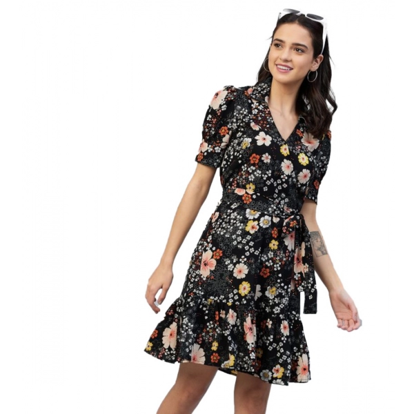Dropship Women's Polyester Floral Short Sleeve Above Knee Dress (Black)