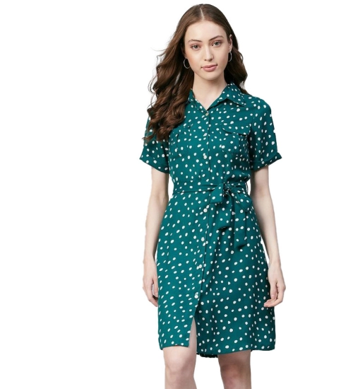 Women's Polyester Polka Short Sleeve Above Knee Dress (Blue - White)