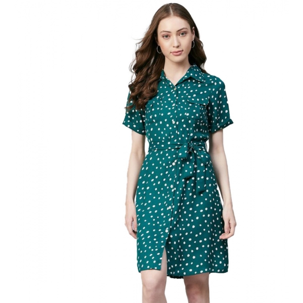 Dropship Women's Polyester Polka Short Sleeve Above Knee Dress (Blue - White)