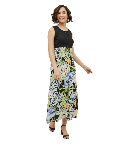Women's Rayon Floral Sleeveless Calf-length Dress (Multicolor)