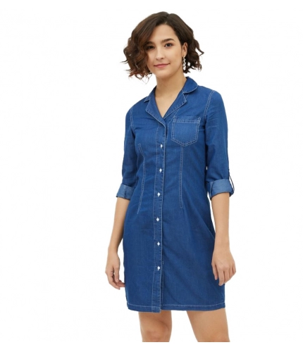 Women's Denim Solid Long Sleeves Above Knee Dress (Blue)