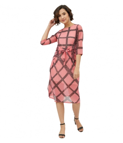 Women's Polyester Checkered 3-4th Sleeves Below Knee Dress (Pink)