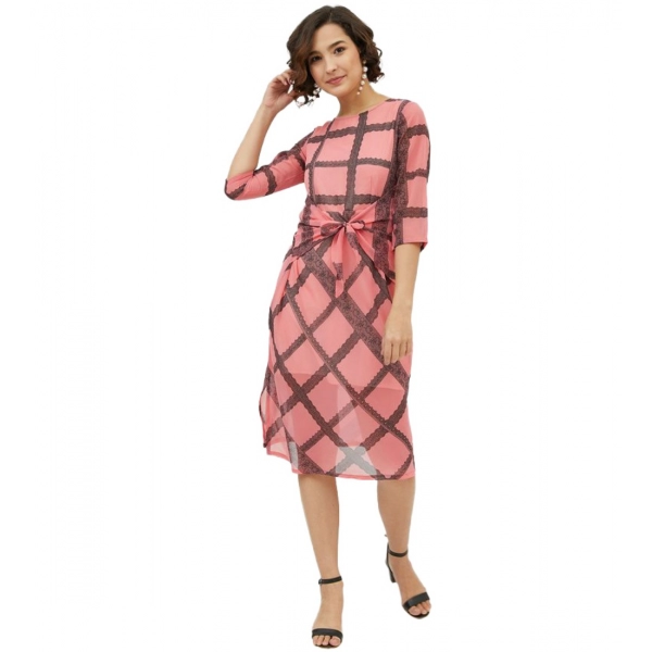 Dropship Women's Polyester Checkered 3-4th Sleeves Below Knee Dress (Pink)