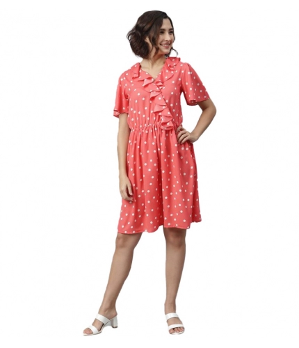 Women's Polyester Polka Flutter Above Knee Dress (Coral)