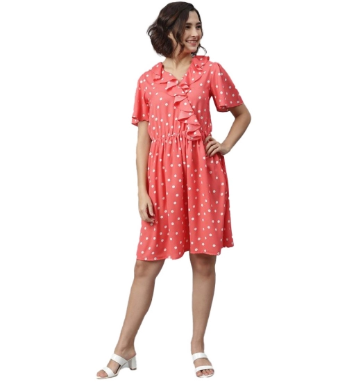 Women's Polyester Polka Flutter Above Knee Dress (Coral)