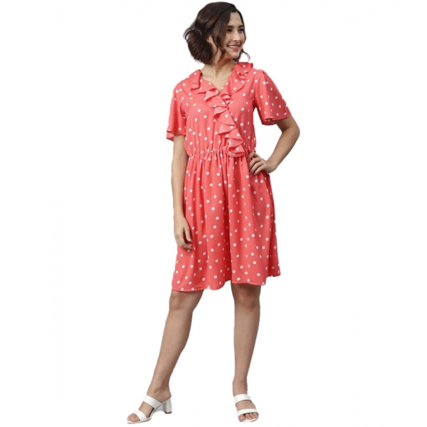 Dropship Women's Polyester Polka Flutter Above Knee Dress (Coral)