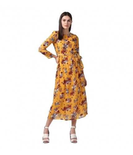 Women's Polyester Floral Long Sleeves Calf-length Dress (Yellow)