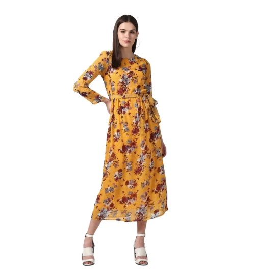 Women's Polyester Floral Long Sleeves Calf-length Dress (Yellow)