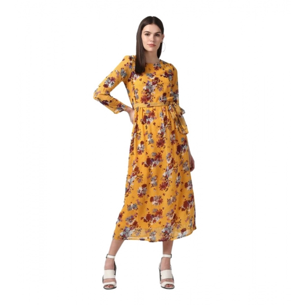 Dropship Women's Polyester Floral Long Sleeves Calf-length Dress (Yellow)