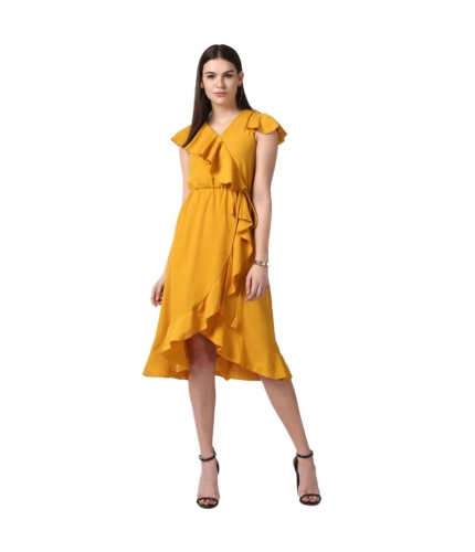 Women's Polyester Ruffled Cap Sleeve Knee-Length Dress (Yellow)
