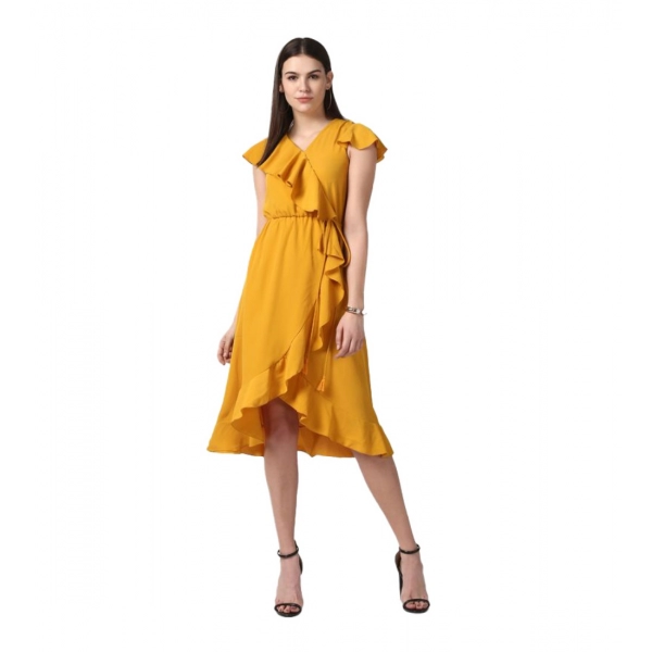 Dropship Women's Polyester Ruffled Cap Sleeve Knee-Length Dress (Yellow)