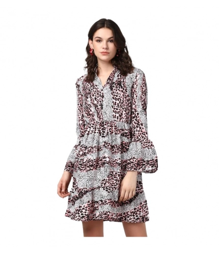 Women's Polyester Animal Print Bell Sleeve Above Knee Dress (Pink - Black)