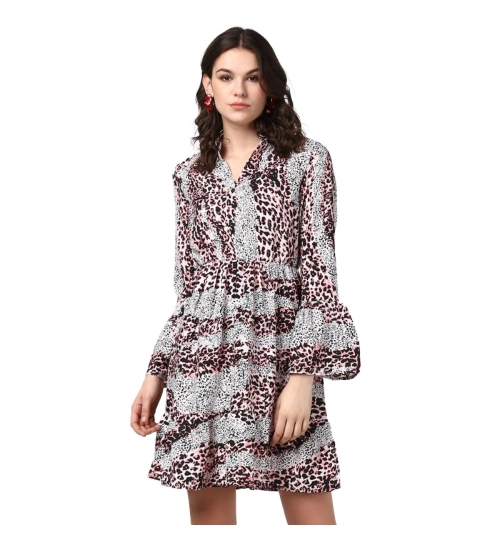 Women's Polyester Animal Print Bell Sleeve Above Knee Dress (Pink - Black)