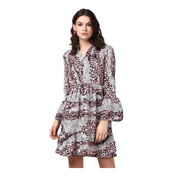 Dropship Women's Polyester Animal Print Bell Sleeve Above Knee Dress (Pink - Black)