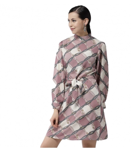 Women's Polyester Checkered Long Sleeves Above Knee Dress (Off White - Lavender)