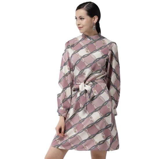 Women's Polyester Checkered Long Sleeves Above Knee Dress (Off White - Lavender)