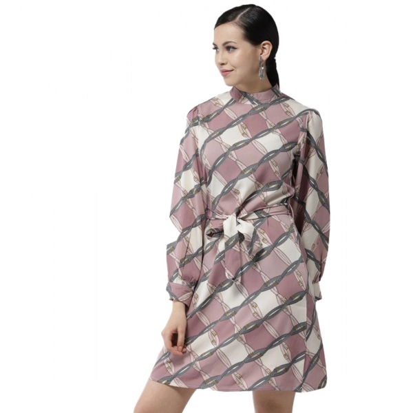 Dropship Women's Polyester Checkered Long Sleeves Above Knee Dress (Off White - Lavender)