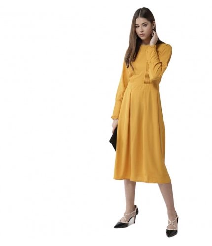 Women's Polyester Pintuck Long Sleeves Below Knee Dress (Yellow)