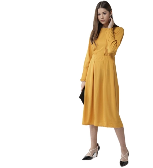 Women's Polyester Pintuck Long Sleeves Below Knee Dress (Yellow)