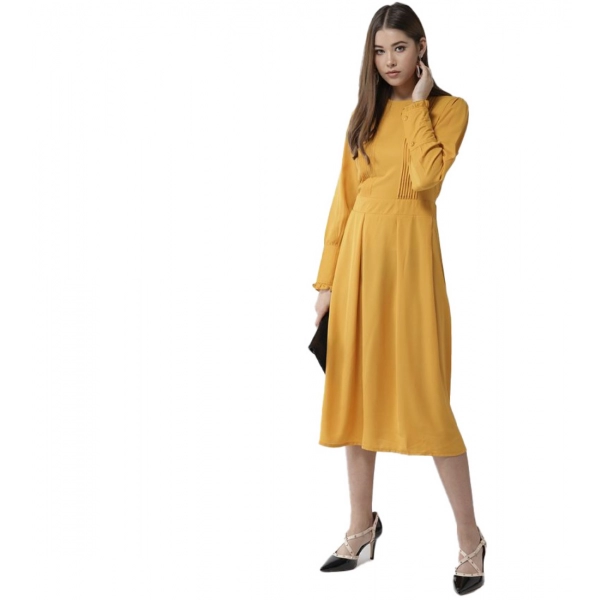 Dropship Women's Polyester Pintuck Long Sleeves Below Knee Dress (Yellow)