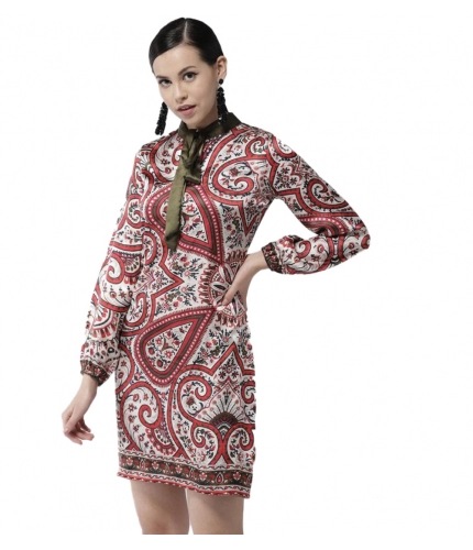 Women's Polyester Printed Long Sleeves Above Knee Dress (Red)