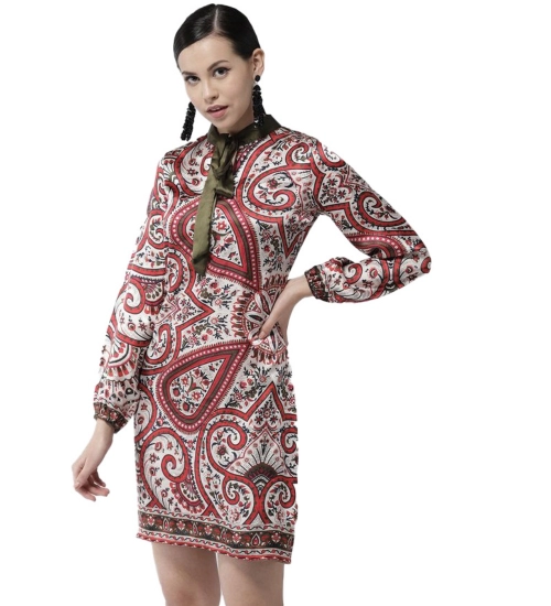 Women's Polyester Printed Long Sleeves Above Knee Dress (Red)