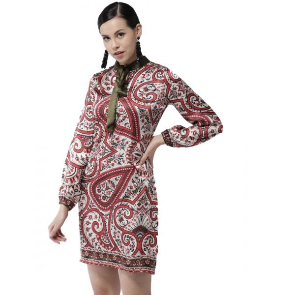 Dropship Women's Polyester Printed Long Sleeves Above Knee Dress (Red)