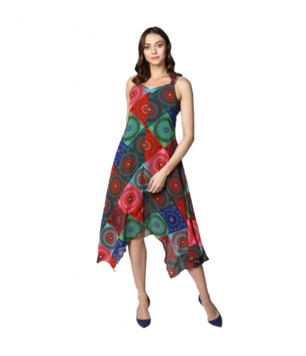 Women's Polyester Asymmetrical Shoulder Straps Knee-Length Dress (Multicolor)