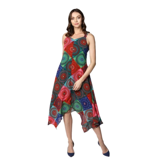 Women's Polyester Asymmetrical Shoulder Straps Knee-Length Dress (Multicolor)