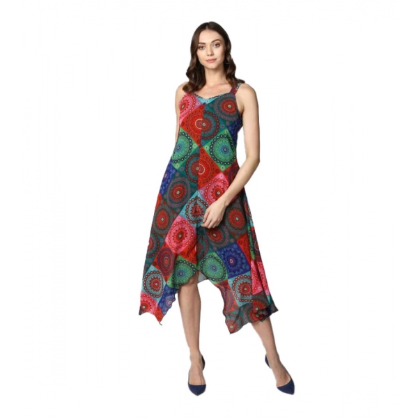 Dropship Women's Polyester Asymmetrical Shoulder Straps Knee-Length Dress (Multicolor)
