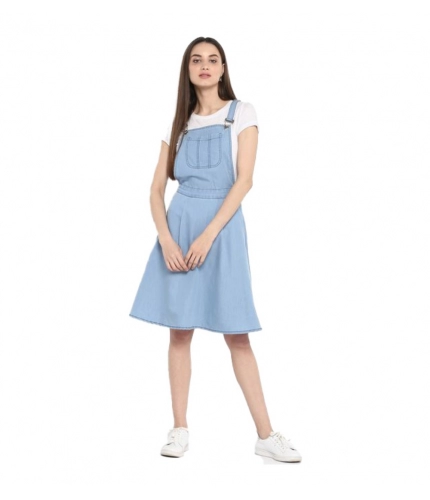 Women's Denim Solid Sleeveless Above Knee Dress (Blue)