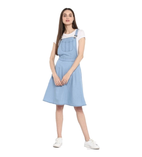 Women's Denim Solid Sleeveless Above Knee Dress (Blue)